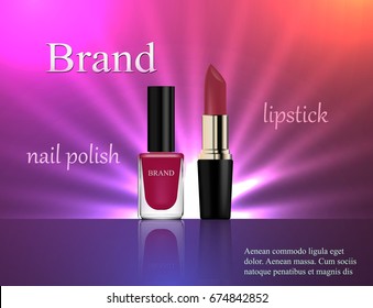 Cosmetics, gentle pink nail polish and lipstick on a bright violet background with light rays, advertising, banner, glamor, luxury, 3d vector realistic, design