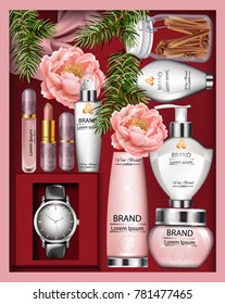 Cosmetics Gift box Vector realistic. Lipstick, Cream or lotion bottles. Top view floral decor