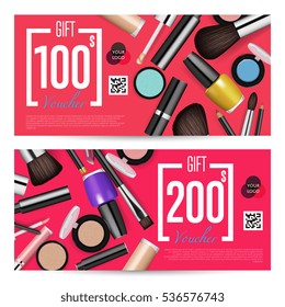 Cosmetics gift voucher. Present coupon for professional fashion makeup accessory and prepaid sum. Exclusive offer for graceful cosmetics product. Annual or festival sale card set vector illustration
