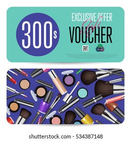 Cosmetics gift voucher template. Gift coupon with fashion makeup accessories and prepaid sum. Makeup brush, powder, lipstick, pencil, polish vectors. Special exclusive offer for cosmetics product sale