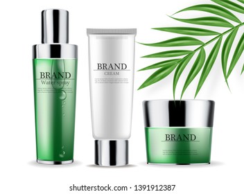 Cosmetics green cream and spray isolated Vector realistic. Product packaging mockup. Detailed bottles with label design. 3d template illustrations