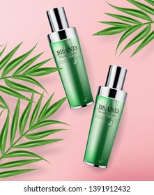 Cosmetics green cream and spray moisturizer hydration Vector realistic. Product packaging mockup. Detailed bottles with label design. Exotic palm leaves background. 3d template illustrations