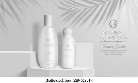 Podio gris de cosméticos con botellas de productos de belleza y sombras de hojas de palma. Estadio, plataforma o pedestal de la pantalla del vector con botellas de crema y champú, maquillaje monocromo y banner