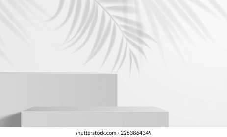 Cosmetics grey podium, display stand, platform or pedestal with vector shadows of palm leaves. Realistic 3d geometric podium for cosmetic products display, demonstration podium mockup for showroom