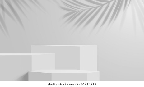 Cosmetics grey podium. Product presentation platforms and display pedestals, gallery showroom stand or exhibition stage with podiums cubic empty and clean podiums, palm leaves shadows background