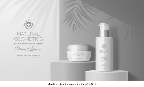 Podio gris de cosméticos. Cremas para el cuidado de la piel, recipientes para loción o champú promo exhibición podio, promoción mockup para peatones o paquete de cosméticos de lujo presentación plataforma de composición vectorial realista