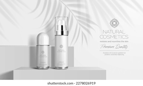 Cosmetics grey podium. Vector beauty and make up product bottles on pedestal and palm leaves shadow promo advertising banner. Deodorant antiperspirant and cream packaging realistic mockup
