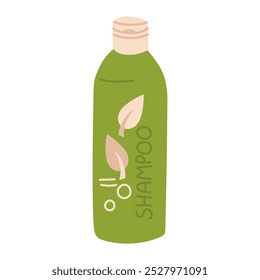 Cosméticos para el cuidado del cabello, resaltados sobre un fondo blanco. Champú para lavar el cabello, ilustración plana de Vector. Una botella plana alargada con un nombre y hojas. Forma verde con la adición de beige