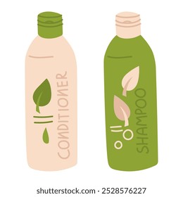 Cosméticos para cabelo, destacados em um fundo branco. Shampoo, condicionador para lavar o cabelo, ilustração plana. Garrafas planas com o nome e folhas. coleção de vapor para usar. Verde e bege