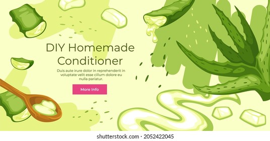 Cosmetics for hair, do it yourself hair conditioner with organic and natural ingredients. Banner or site with information and recipes. Aloe vera extract and lotion or gel. Vector in flat style