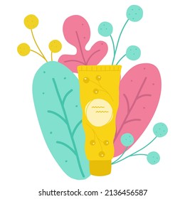 Cosmetics for hair, skin, face and body care. Yellow tube, lotions, shampoos. Leaves and grass. Eco cosmetics. Organic products. Flat style, yakriy, isolated.