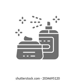 Cosmetics, hair spray, gel, face mask grey icon.