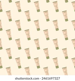 Cosmetics hand cream seamless pattern. Skincare lotion beauty tubes repeat cover. Moisturizing products endless background. Flat vector illustration.