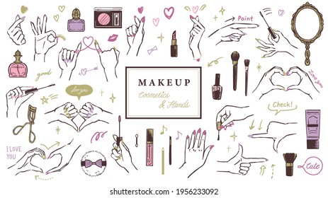 Cosmetics and hands vector illustration set