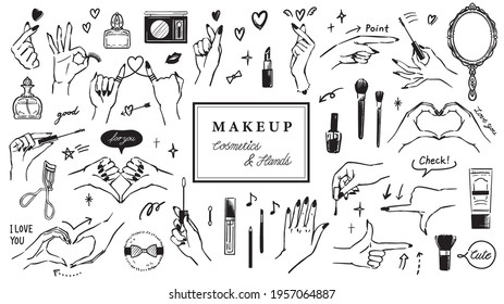 Cosmetics and hands vector illustration set