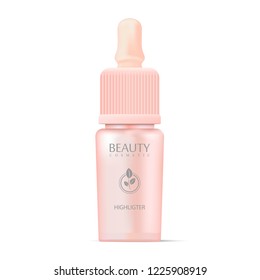 Cosmetics highligter bottle with dropper in rose or pink colors. Realistic mockup vector illustration. Can be used in medical and health care products.