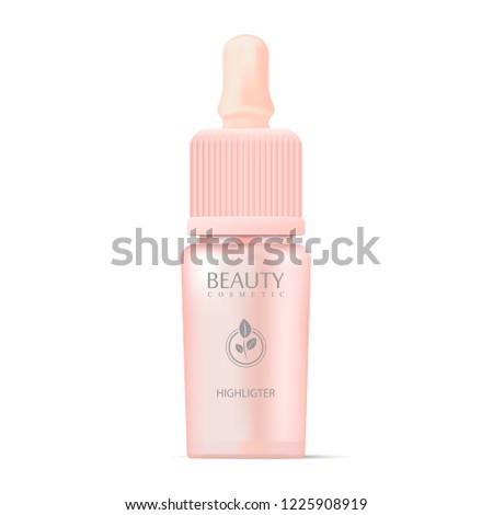 Cosmetics highligter bottle with dropper in rose or pink colors. Realistic mockup vector illustration. Can be used in medical and health care products.