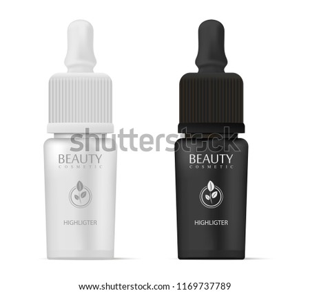 Cosmetics highligter bottles with dropper in black and white colors. Realistic mockup vector illustration. Can be used in medical and health care products.