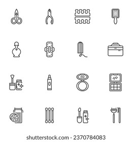 Cosmetics and Hygiene line icons set, outline vector symbol collection, linear style pictogram pack. Signs logo illustration. Set includes icons as makeup kit, hair brush, mascara, eyeshadow, lipstick