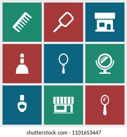 Cosmetics icon. collection of 9 cosmetics filled icons such as beauty salon, mirror, spa bag, comb. editable cosmetics icons for web and mobile.