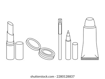 Kosmetiksymbol einzeln auf weißem Hintergrund. Pulver, Lippenstift, Gesichtscreme, Lippenstift- und Lippenglanz für Verpackungsdesign, Make-up Industrie, Schönheitssalon, Kosmetikgeschäft oder sonstige Verwendung. Vektorset.