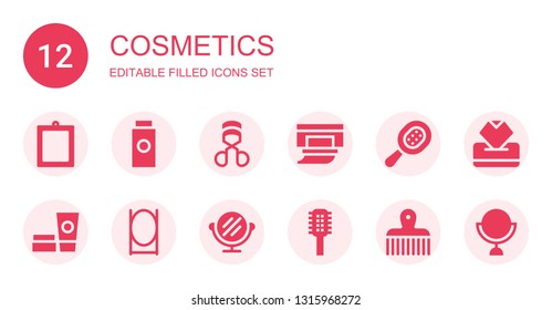 cosmetics icon set. Collection of 12 filled cosmetics icons included Mirror, Baby powder, Eyelashes curler, Wipes, Comb, Cosmetics