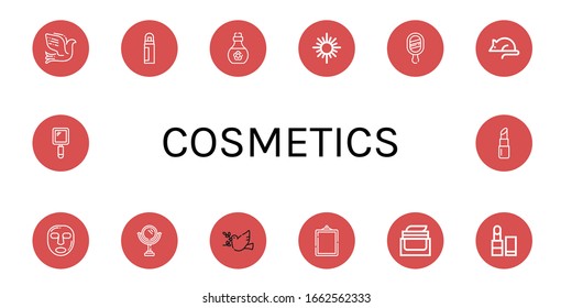 cosmetics icon set. Collection of Dove, Deodorant, Skin oil, Mirror, Animal testing, Facial mask, Face cream, Lipstick, Hand mirror icons