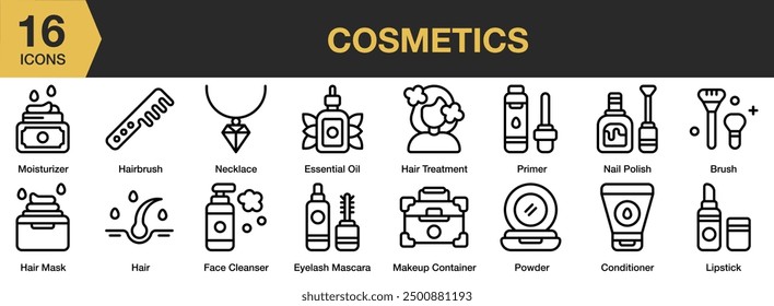 Cosmetics icon set. Includes brush, conditioner, eyelash mascara, face cleanser, lipstick, nail polish, and More. Outline icons vector collection.