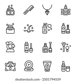 Cosmetics icon set. Includes brush, conditioner, eyelash mascara, face cleanser, lipstick, nail polish, and More. Outline icons vector collection.