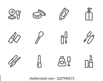 Cosmetics icon. Set of line icons on white background. Lipstick, powder, mascara. Makeup concept. Vector illustration can be used for topics like beauty product, beauty salon, service