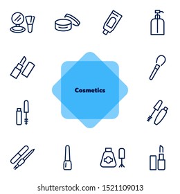 Cosmetics icon. Set of line icons on white background. Lipstick, powder, mascara. Makeup concept. Vector illustration can be used for topics like beauty product, beauty salon, service