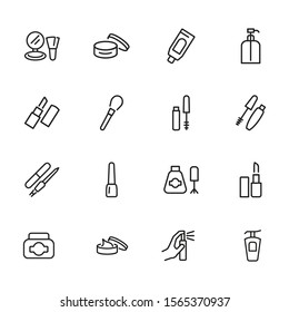 Cosmetics icon. Set of line icons on white background. Lipstick, powder, mascara. Makeup concept. Vector illustration can be used for topics like beauty product, beauty salon, service