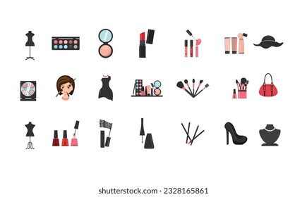 cosmetics icon set, makeup and beauty, set of colored cosmetics, lipstick, base, mascara, brushes, powder, girl, glasses, costume, nail paint, heel, eye shades, gifts, mirror, lip-gloss  