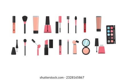 cosmetics icon set, makeup and beauty, set of colored cosmetics, lipstick, base, mascara, brushes, powder, girl, glasses, costume, nail paint, heel, eye shades, gifts, mirror, lip-gloss  