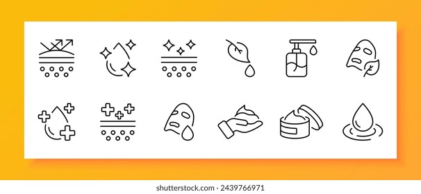 Cosmetics icon set. Mask, drop, treatment, healing, rejuvenation, natural ingredients, cream. Black icon on a white background. Vector line icon for business and advertising