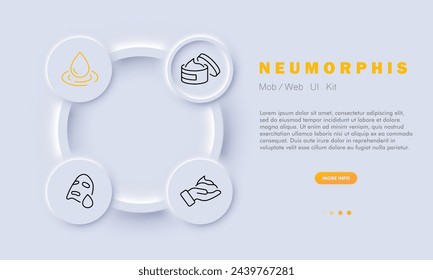 Kosmetik-Icon-Set. Maske, Tropfen, Behandlung, Heilung, Verjüngung, natürliche Inhaltsstoffe, Creme. In: Neomorphism Style. Vektorliniensymbol für Unternehmen und Werbung