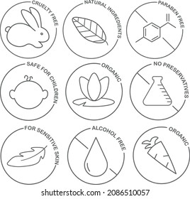 Cosmetics icon set, natural ingredients, cruelty free, vegan, for children or sensitive skin, round text and thin stroke.