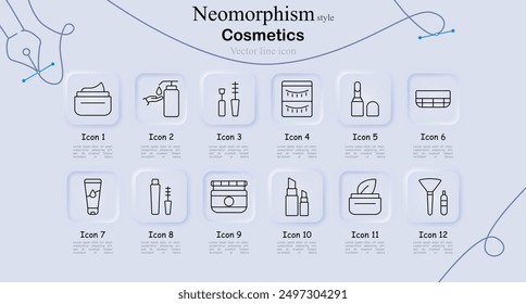 Cosmetics icon set in neomorphism style. Cream jar, lotion pump, mascara, eyeshadow palette, lipstick, face serum, skincare, grooming tools, vector line art, beauty products