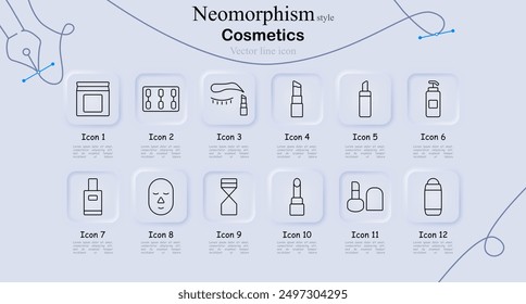 Cosmetics icon set in neomorphism style. Cream jar, lotion pump, mascara, eyeshadow, lipstick, face serum, vector line art, beauty products, skincare, personal care, grooming