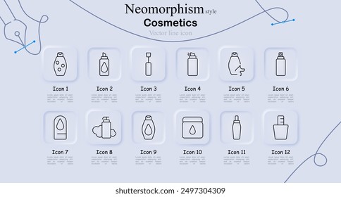 Cosmetics icon set in neomorphism style. Shampoo, lotion, dropper, spray bottle, cream jar, nail polish, vector line art, beauty products, skincare, personal care, grooming