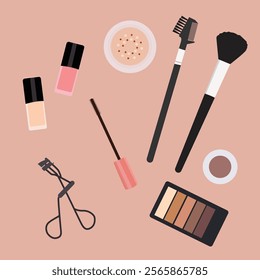 Cosmetics icon set. Perfect look and beauty. powder, cream, makeup tools, lipstick, brush, foundation, mascara, face serum, Isolated icons, objects on a pink background