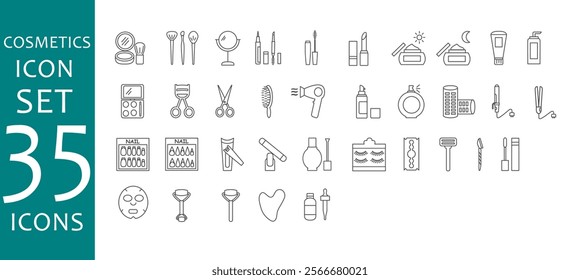 cosmetics icon set of skincare, make up, and beauty tools sign symbol 