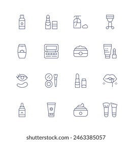 Cosmetics icon set. Thin line icon. Editable stroke. Containing shampoo, serum, eyepatch, suncream, eyeshadow, blusher, facecream, moisturizer, lipstick.