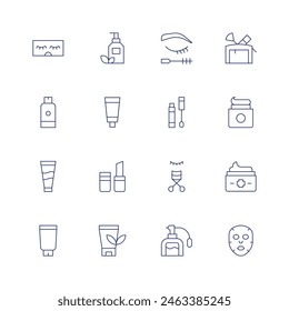 Cosmetics icon set. Thin line icon. Editable stroke. Containing sunscreen, lotion, eyelashes, eyelashescurler, eyemascara, lipgloss, lipstick, cream.