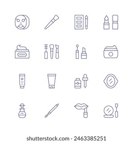 Cosmetics icon set. Thin line icon. Editable stroke. Containing mask, cream, lipstick, mirror, lotion, serum, contouring, beauty, makeupbrushes.