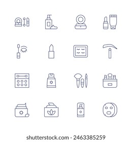 Cosmetics icon set. Thin line icon. Editable stroke. Containing sunscreen, lipstick, aloevera, foundation, brush, eyelash, eyebrowpencil, makeup, facialmask.