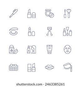 Cosmetics icon set. Thin line icon. Editable stroke. Containing deodorant, eyelash, eyeshadow, eyebrowpencil, lipstick, spray, eyelashescurler, powder, lotion.