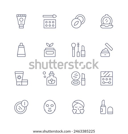 Cosmetics icon set. Thin line icon. Editable stroke. Containing cream, ointment, sunscreen, makeup, lipbalm, eyeshadows, cosmetics, oil, lotion.