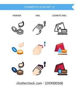 Cosmetics Icon Set.Face Powder,Hand,Nail Polish,Cosmetics bag. 