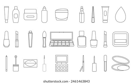 Cosmetics icon vector set. makeup illustration sign collection. woman beauty symbol or logo. Bundle of linear symbols of cosmetic bottles.